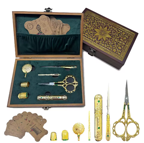 Upgraded Luxury Gold Stamping Wooden Box Sewing Kit Unique Vintage Embroidery Scissors Thimble Exclusive Gift for Sewing Lovers - View 1