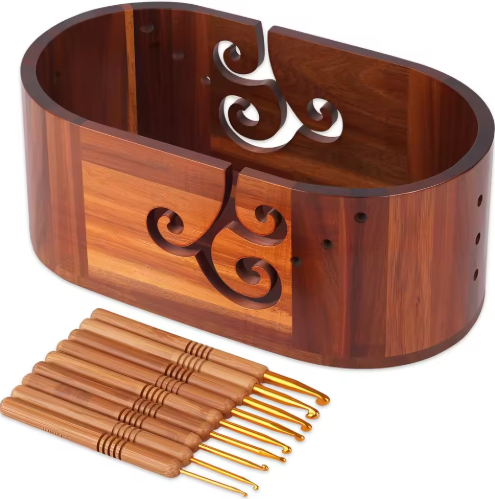 Portable 3mm Thick Smooth Finish Wooden Yarn Bowl with 9 Crochet Hooks Tangle-Free Knitting Crocheting Gift for Beginners - View 1