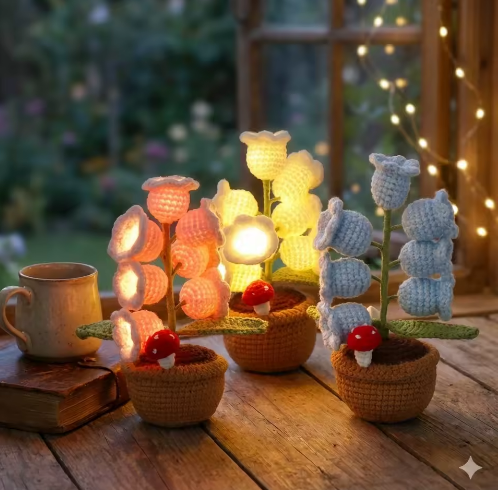 Handmade Knitted Lily Valley Night Light Desktop Crochet Flower Potted Plant Bedroom Ornament Birthday Gift Textile Handicrafts - View 2