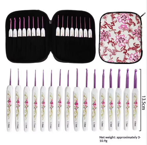 Knitting Tools ABS Plastic Handle Printed Aluminum Crochet Hooks Set 16 Pieces Fine Coarse Full Set Zippered Case - View 2