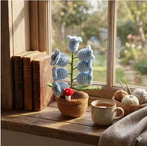 Handmade Knitted Lily Valley Night Light Desktop Crochet Flower Potted Plant Bedroom Ornament Birthday Gift Textile Handicrafts - View 3