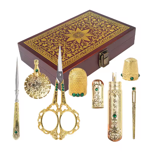 Upgraded Luxury Gold Stamping Wooden Box Sewing Kit Unique Vintage Embroidery Scissors Thimble Exclusive Gift for Sewing Lovers - View 3