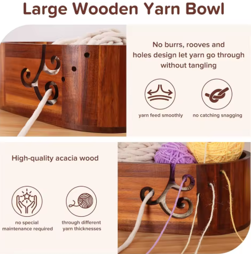 Portable 3mm Thick Smooth Finish Wooden Yarn Bowl with 9 Crochet Hooks Tangle-Free Knitting Crocheting Gift for Beginners - View 3