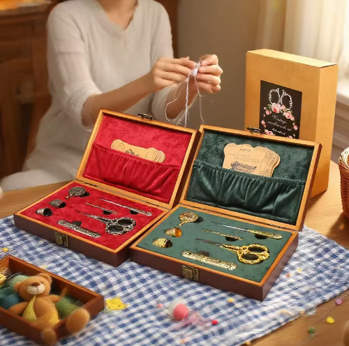 Upgraded Luxury Gold Stamping Wooden Box Sewing Kit Unique Vintage Embroidery Scissors Thimble Exclusive Gift for Sewing Lovers - View 4