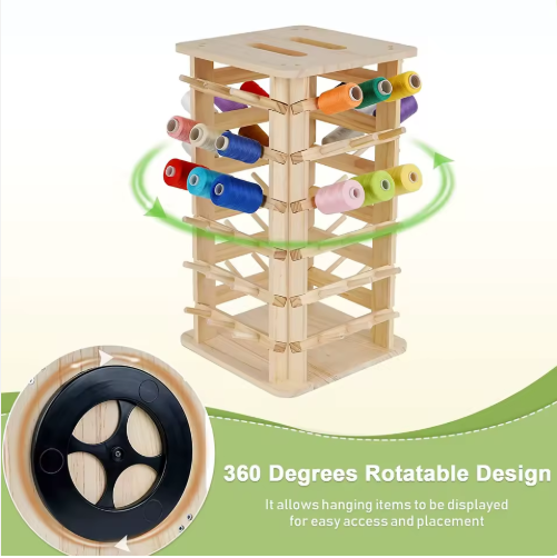 Rotating 72 Bobbin Wooden Sewing Thread Organizer Standing Desktop Embroidery Knitting Yarn Holder with OEM ODM Design - View 5